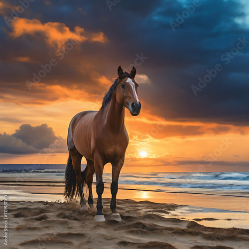 A brown horse standing on top of a sandy beach under a cloudy blue and orange sky with a sunset © MUHAMMAD