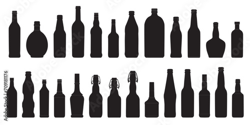 Bottle shape icon set. Beverage, drink, alcohol silhouette. Glass bottle symbol. Pub, bar concept. Brewery icon label design. Whiskey, vodka, cocktail, wine, beer, rum, cognac, martini, brandy bottles photo