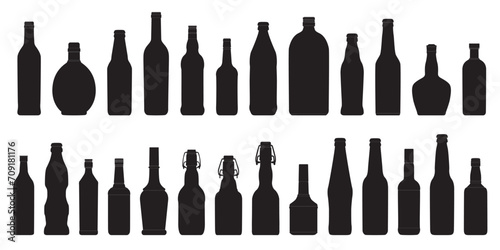 Bottle shape icon set. Beverage, drink, alcohol silhouette. Glass bottle symbol. Pub, bar concept. Brewery icon label design. Whiskey, vodka, cocktail, wine, beer, rum, cognac, martini, brandy bottles