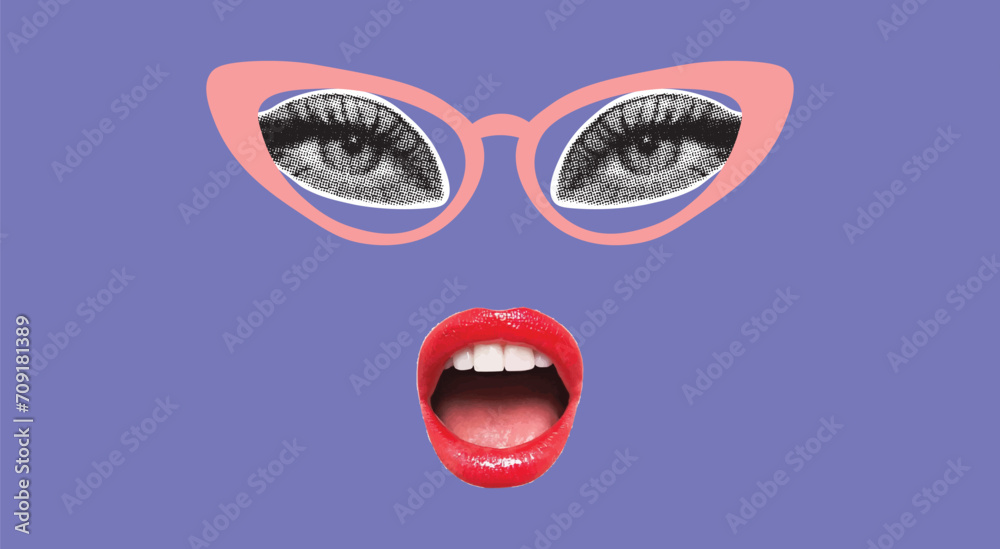Trendy halftone collage banner with a woman's face in glasses. Elements cut out from a magazine. Retro modern design Trendy halftone collage banner with a woman's face in glasses. Elements cut out from a magazine. Retro modern design