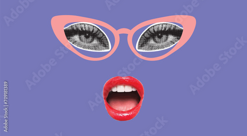 Trendy halftone collage banner with a woman's face in glasses. Elements cut out from a magazine. Retro modern design