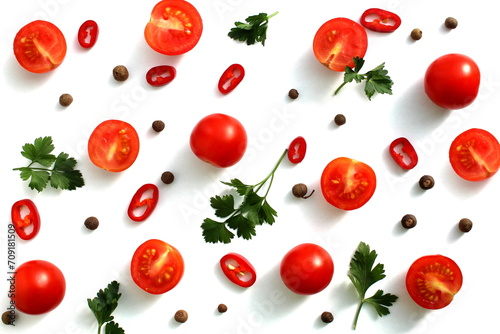 Texture of chopped tomatoes, hot peppers and parsley on a white background.