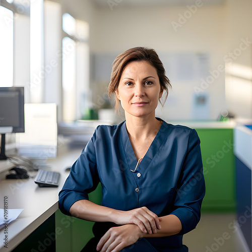 Medical clinic female manager director. Portrait of a smiling professional businesswoman in medical or pharmaceutical field. Healthcare executive. photo