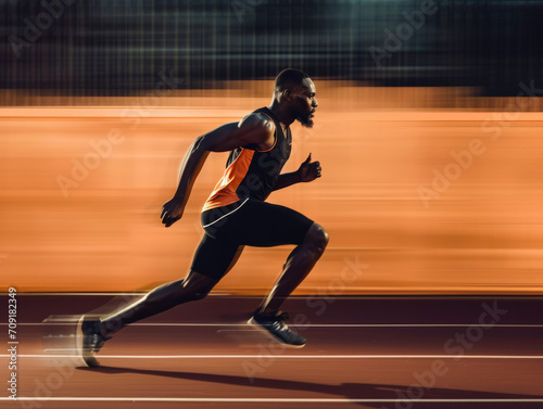 African american athlete running on a track at night. Side view.