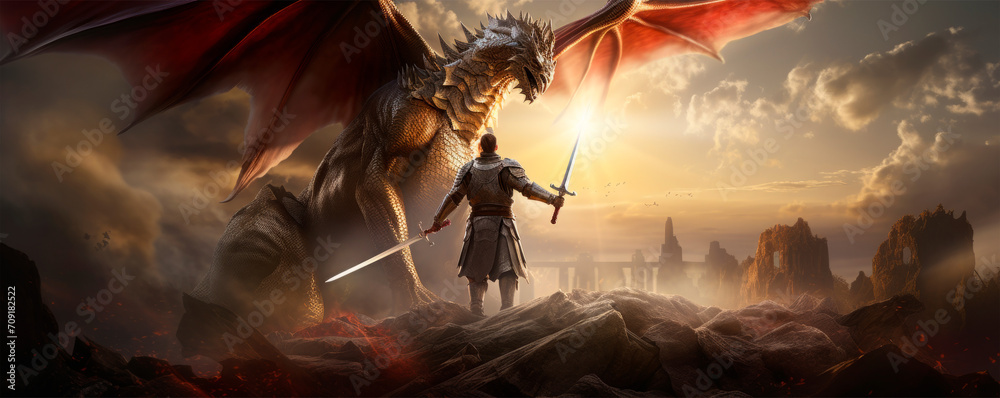 Valiant knight in full armor is ready for battle, wielding long sword, with a dragon-like creature in his arms against backdrop of fiery landscape, gloomy, terrifying towers. Epic fantasy world scene - obrazy, fototapety, plakaty 