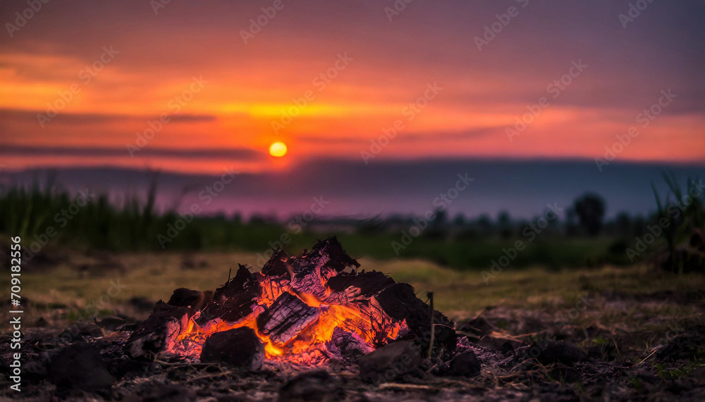 Embers glow in the night, a symbol of fading warmth. Extinguished fire against a tranquil sunset, capturing the essence of serenity and quiet moments
