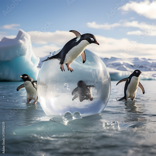 Playful penguins sliding on ice