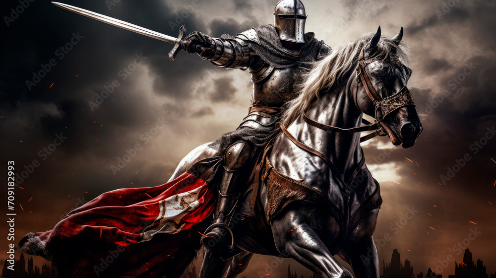 A gallant knight in shining armor enters the battle on a powerful horse under a stormy sky, swinging his sword. His cloak flutters dramatically and embers swirl around him - obrazy, fototapety, plakaty 