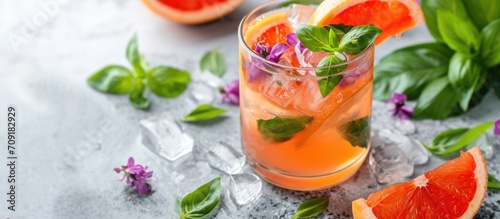 Refreshing summer cocktail with grapefruit and violet red basil, served in a glass jar on a light concrete surface.