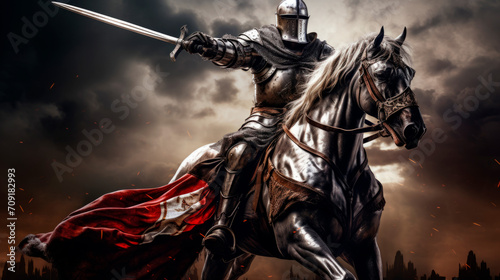 A gallant knight in shining armor enters the battle on a powerful horse under a stormy sky  swinging his sword. His cloak flutters dramatically and embers swirl around him