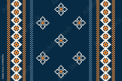 Ethnic geometric fabric pattern Cross Stitch.Ikat embroidery Ethnic oriental Pixel pattern navy blue background. Abstract,vector,illustration. Texture,clothing,scarf,decoration,motifs,silk wallpaper.