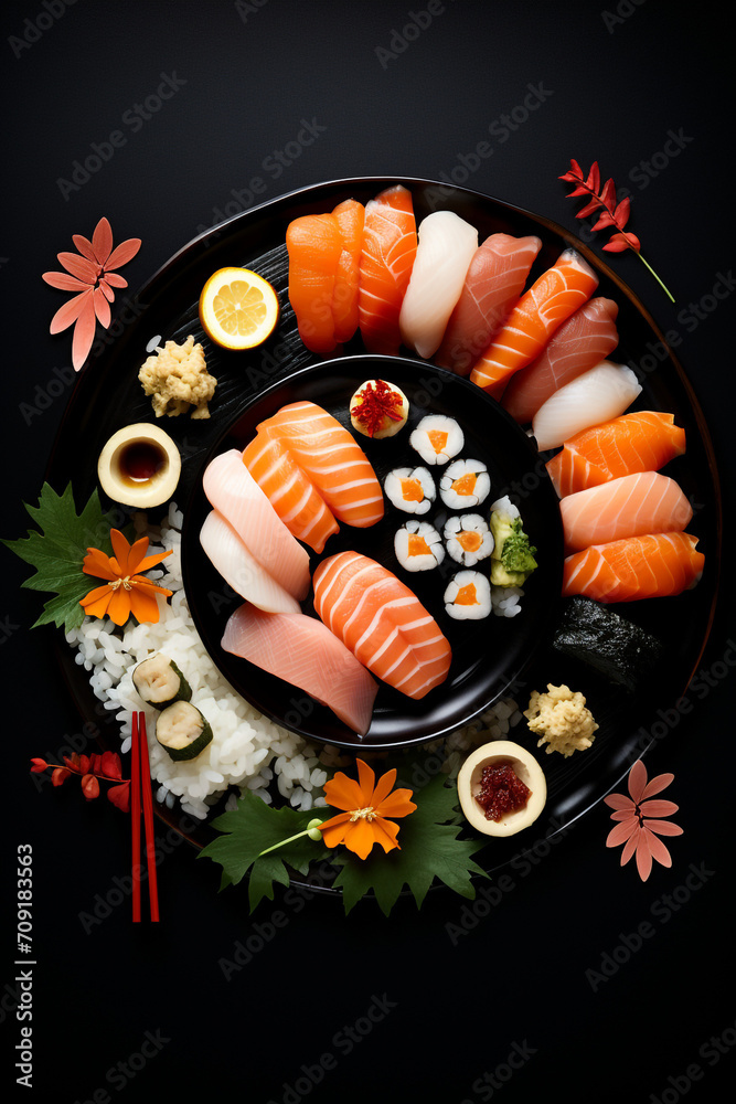  japanese food photography, food on a plate with colored sushi created with Generative Ai