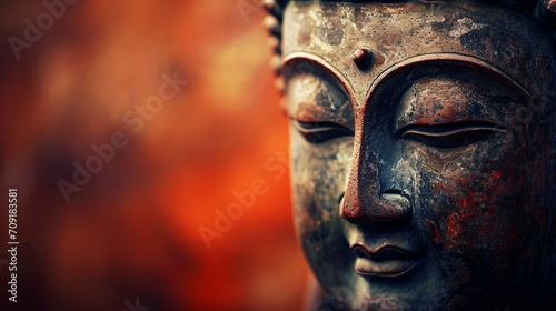 A Buddha statue face close-up, meditation, spirituality, Buddhism, yoga background