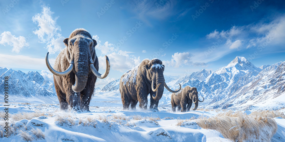 Woolly mammoth herd in frozen cold landscape, wide banner, extinct ...
