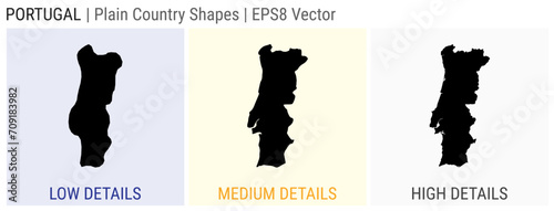 Portugal - plain country shape. Low, medium, and high detailed maps of Portugal. EPS8 Vector illustration.