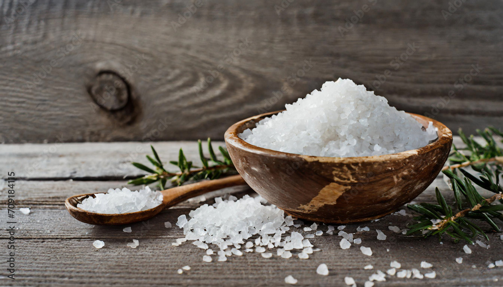 Soothing sea salt crystals on a rustic wooden surface evoke a sense of purity and tranquility, creating a visually captivating stock photo Soothing sea salt crystals on a rustic wooden surface evoke a sense of purity and tranquility, creating a visually captivating stock photo