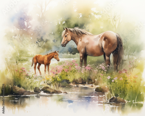 Soft watercolor painting captures a tender moment between a mare and foal amidst a lush, flower-speckled meadow, reflecting in a tranquil pond.