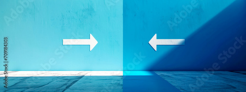 minimalistic and striking visual metaphor with two opposing white arrows on a blue background, divided by a shadow line, conveying a concept of choice, direction, or decision-making