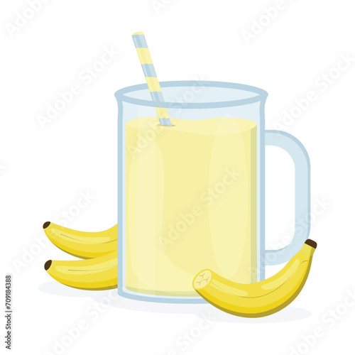 A glass of banana juice with a straw. Juices with different flavors. Fruit juices.