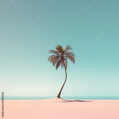 A minimalist beach scene with a single palm tree.
