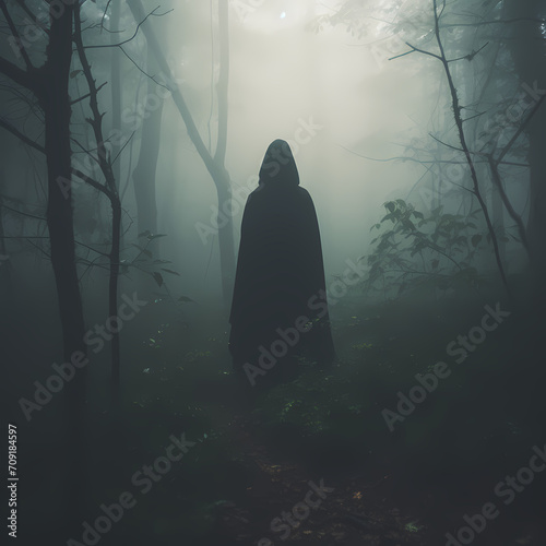 Mysterious hooded figure in a foggy forest.