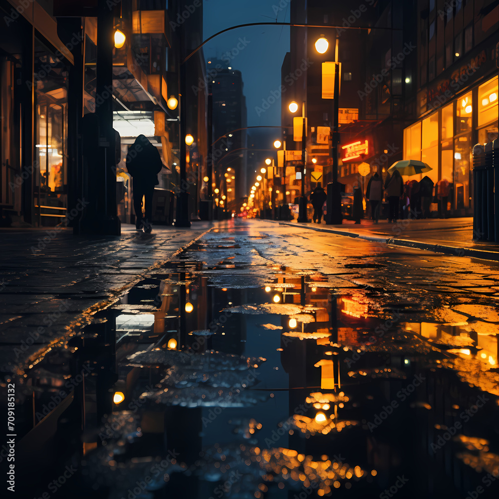 Abstract city lights reflected in rain puddles