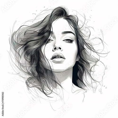 minimal line art of a beautiful young woman head and short hair, black and white