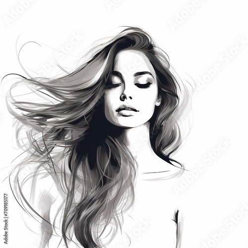 minimal line art of a beautiful young woman head and long hair, black and white