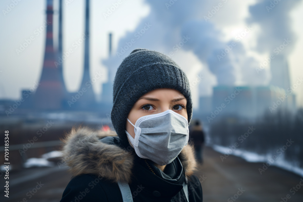 Woman wear a mask in front of coal fired power plants, air pollution and global warming concept. Woman wear a mask in front of coal fired power plants, air pollution and global warming concept.
