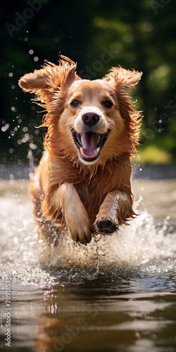 Happy dog playing in the water in summer. Adventures with your dog