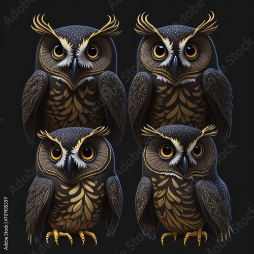 group of four owls perched on a tree branch photo