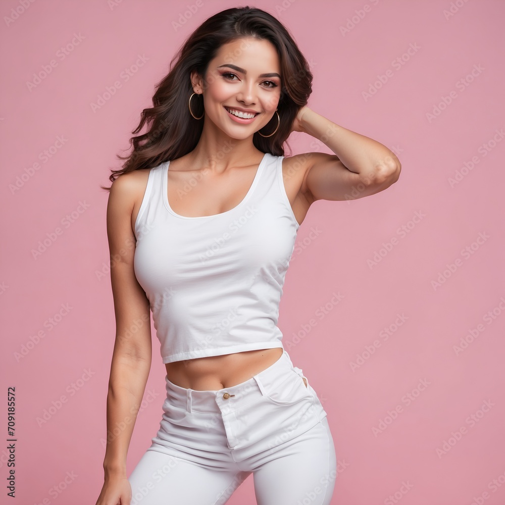 Isolated Pink Background, Smiling Beautiful Latin Woman Wearing White Tank Top, Studio Shot, Copy Space Isolated Pink Background, Smiling Beautiful Latin Woman Wearing White Tank Top, Studio Shot, Copy Space