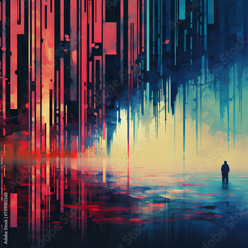Abstract digital art with glitch effects.