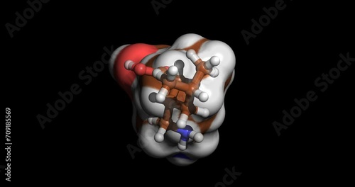 Pregabalin, anticonvulsant drug for treatment of neuropathic pain conditions and seizures,  3D molecule spinning on Y-axis, 4K photo