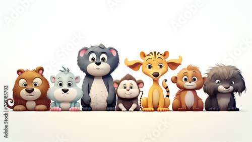 group of cute animals isolated on a white background. 3d rendering
