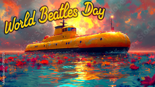 World Beatles Day and yellow submarine. Ai generated.