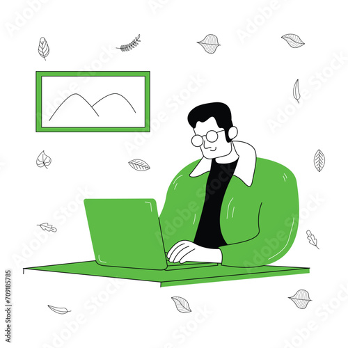 flat illustration of a content creation worker looking for content ideas & writing a script
