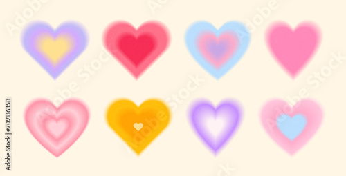 Blurred colorful gradient hearts with grain noise effect set. Trendy y2k style design abstract shapes. Symbol love. Modern minimalist style. Vector illustration for design post, card, web