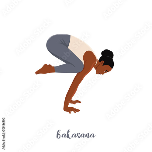 Woman doing crane pose - Bakasana Yoga pose. Woman workout fitness, aerobic and exercises. Flat vector illustration isolated on white background