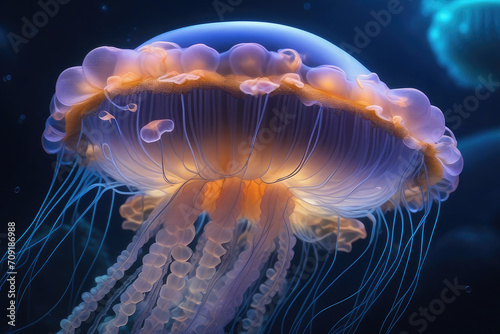 Generative AI a beautiful blue jellyfish, A beautiful jellyfish lights up underwater, jellyfish, marine plants and corals, Views of marine animals and plants at night, Beautiful view of under the sea © Riefdeigartz