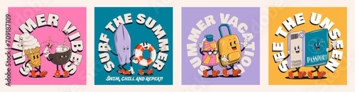 Set of summer retro posters or cards with walking funny cute comic characters. Lettering illustration for t-shirt print. Suitcase, ice cream, ticket, spf cream, passport, pool float, surf	