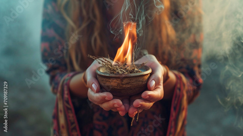 Herbs burn in the hands of a woman. Selective focus.