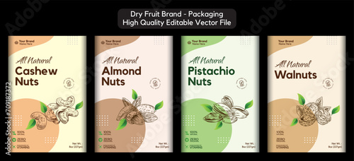 Dry Fruit Packaging Design, Dry Fruit Label Sticker Pouch Design, Dry Fruit Box Design, Cashew Nuts, Almond Label, Pistachio, Walnut Label Design, Premium Quality Editable Vector File Illustration