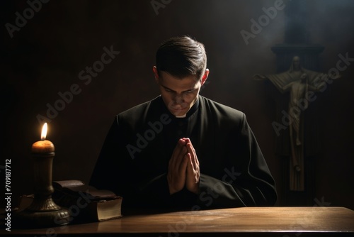 A priest praying to god in a room with light and shadow.