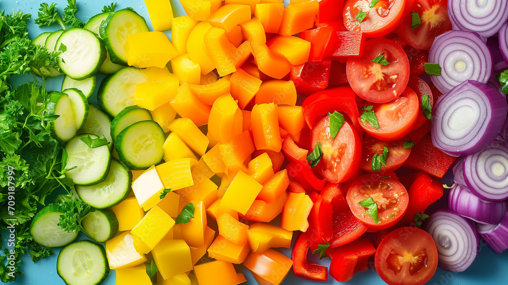 Chopped colorful vegetables in a rainbow arrangement, top view, bright and fresh, healthy eating concept, raw vegetarian food