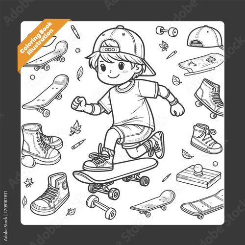 Vector cute coloring book illustration of kids playing  skateboard