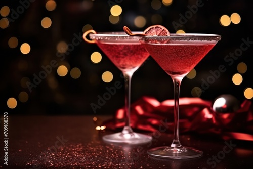 two red cosmopolitan Valentines day cocktails in martini glasses with bokeh copy space left photo