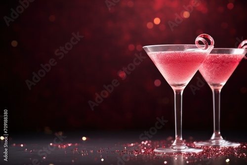 two red cosmopolitan Valentines day cocktails in martini glasses with bokeh copy space left photo