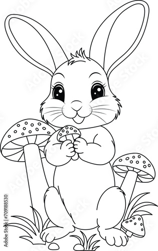 Happy Easter Bunny picking mushrooms coloring page. Easter colouring page © Saly