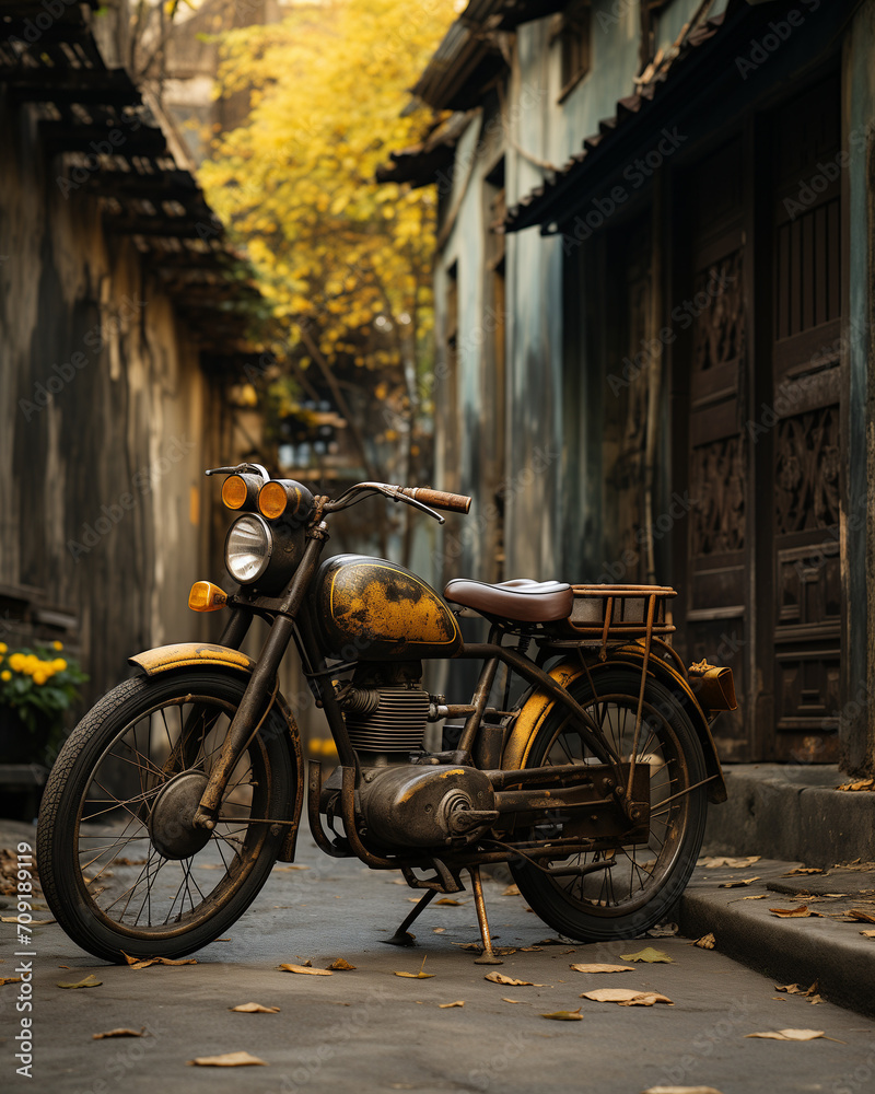 scooter parked in the street, Black Bicycle Parked Beside Brown Concrete Building